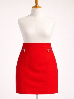 Express Red High Waisted Mini Skirt | Bodycon Pencil | Zipper Detail